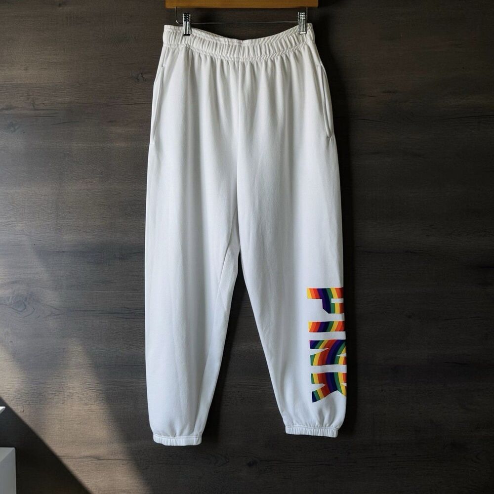 Victoria Secret Pink Campus Sweatpants Sz M Womens White Rainbow Logo Jogger NWT
